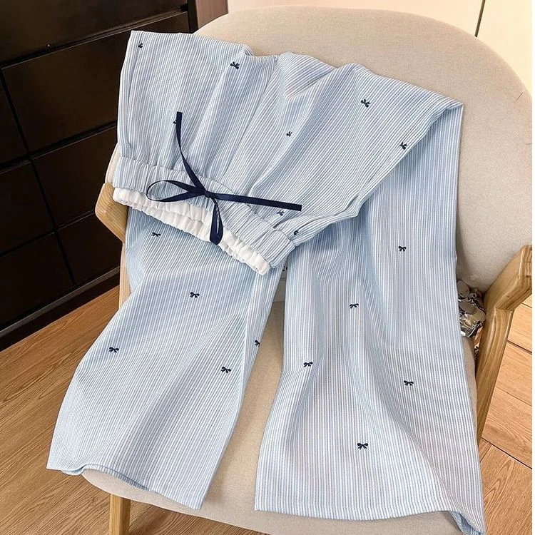 条纹蝴蝶结休闲阔腿裤女夏季薄款宽松显瘦慵懒风高腰拖地直筒长裤