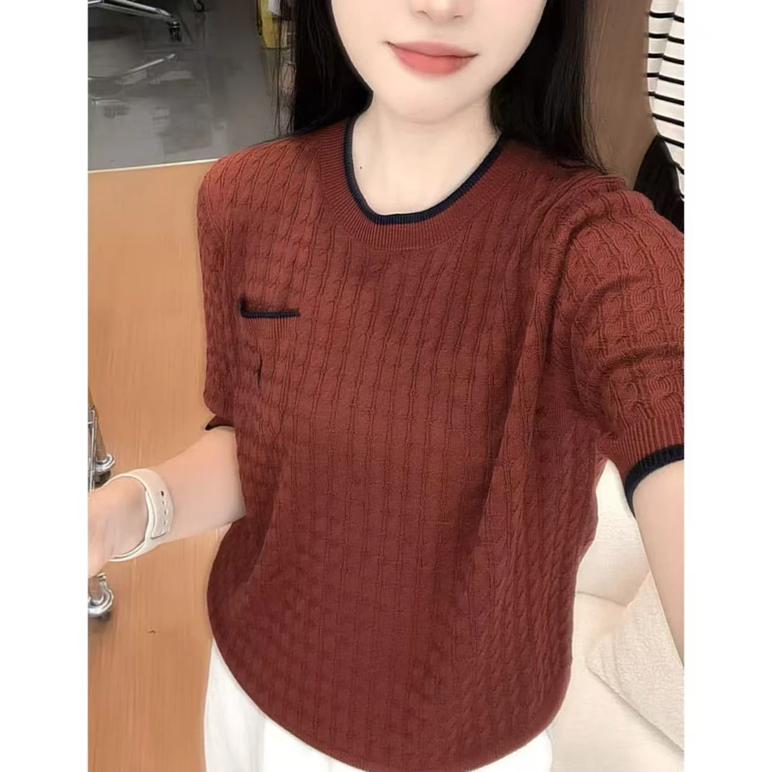 丽丽家~口袋红短袖显瘦洋气时尚百搭宽松圆领上衣