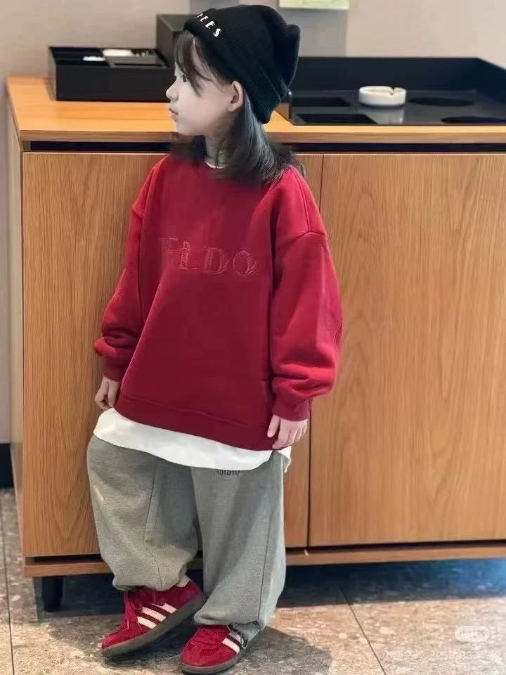 2025冬季新款男女童刺绣加厚一体绒圆领卫衣1085红色