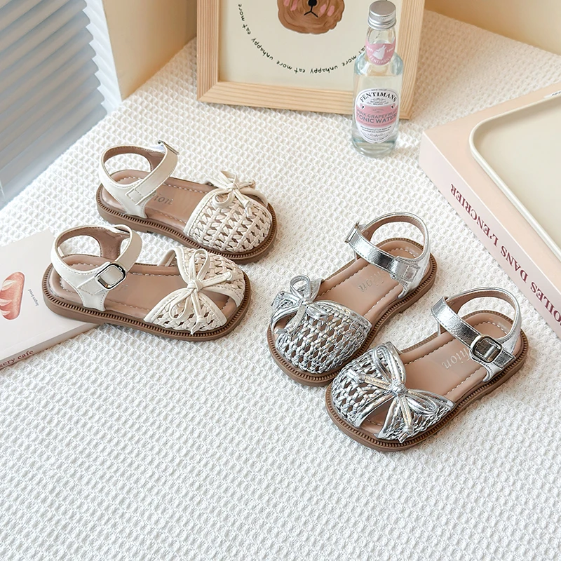 女童凉鞋2025夏季新款蝴蝶结包头软底鞋小女孩编织甜美公主鞋韩版