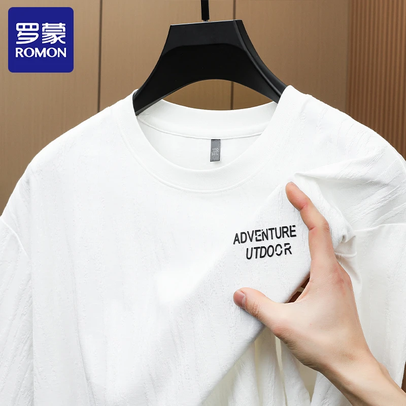 Romon/罗蒙夏季新款棉制潮流短袖T恤印花休闲时尚圆领男装T恤衫