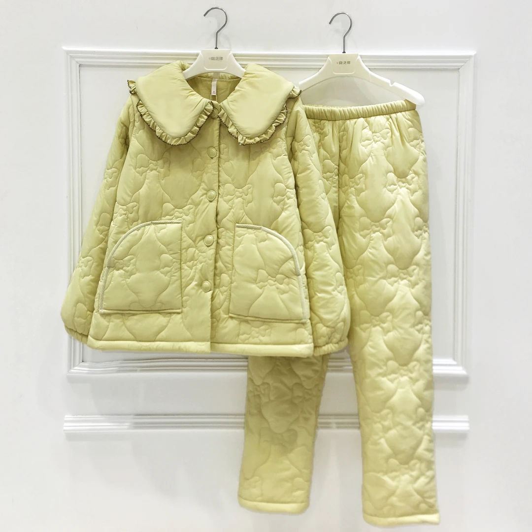 妮可雅羽绒布夹棉睡衣女2025新款冬季加绒加厚三层保暖甜美家居服