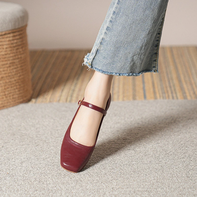 春夏粗跟浅口中高跟一字带真皮柔软温柔淑女复古文艺校园玛丽珍鞋