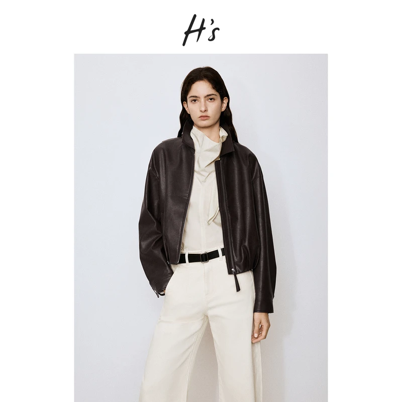 【秋上新】H'S高密度PU仿皮短外套女25秋新款复古机能夹克外衣