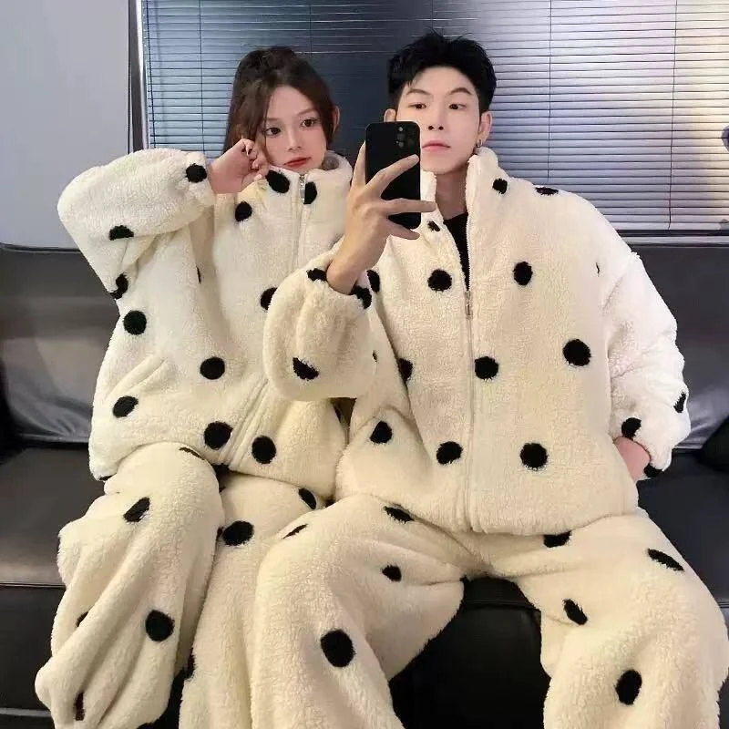 2025秋冬新款波点拉链套装法绒情侣睡衣立领大码保暖家居服加厚