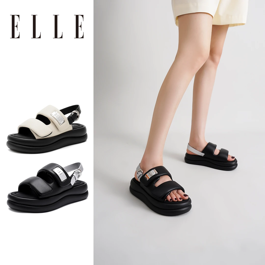 ELLE厚底凉鞋女款2025新款夏季外穿沙滩鞋运动罗马鞋踩屎感凉拖鞋