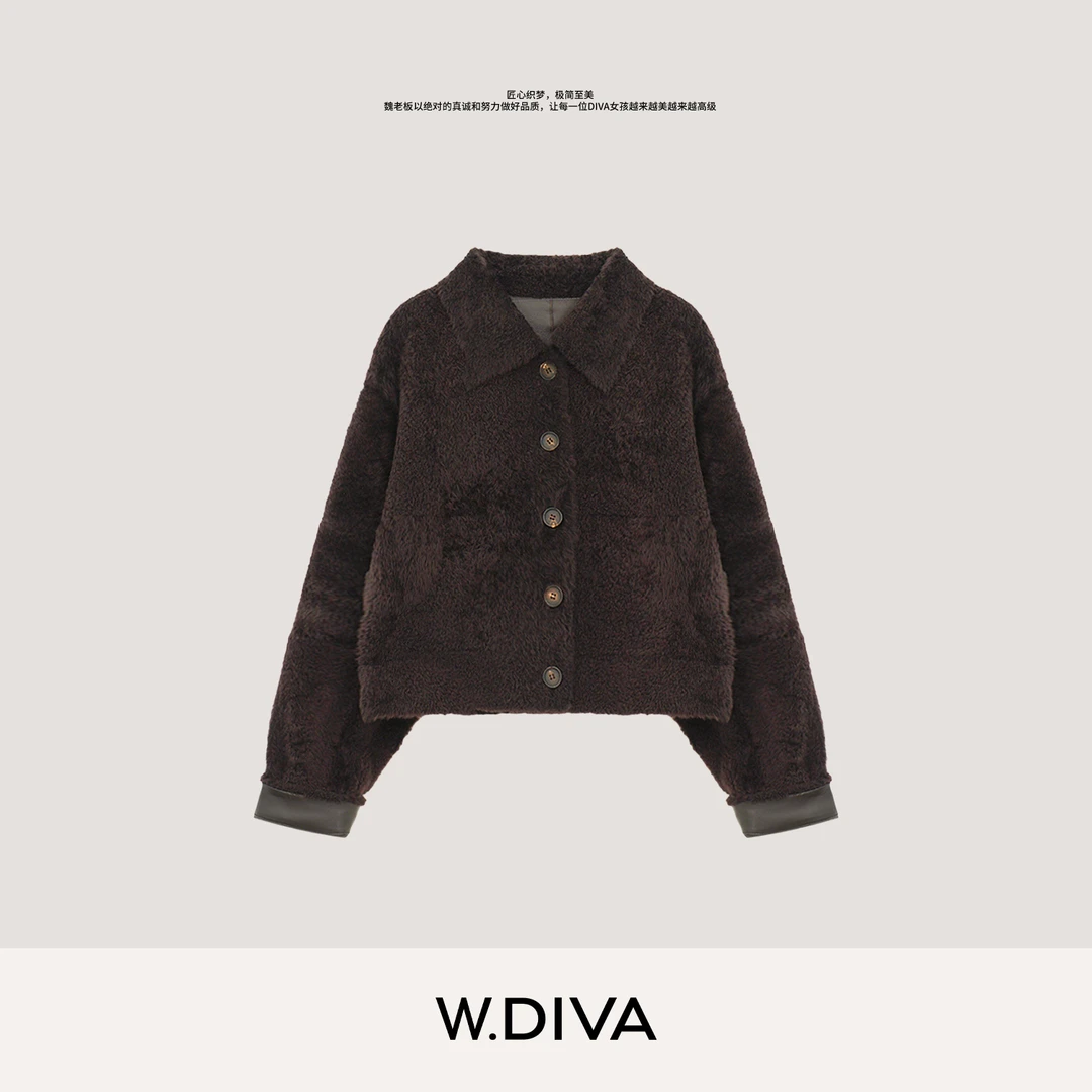W.Diva【画眉】进口拉贡皮毛一体时尚保暖翻领外套4C0910014