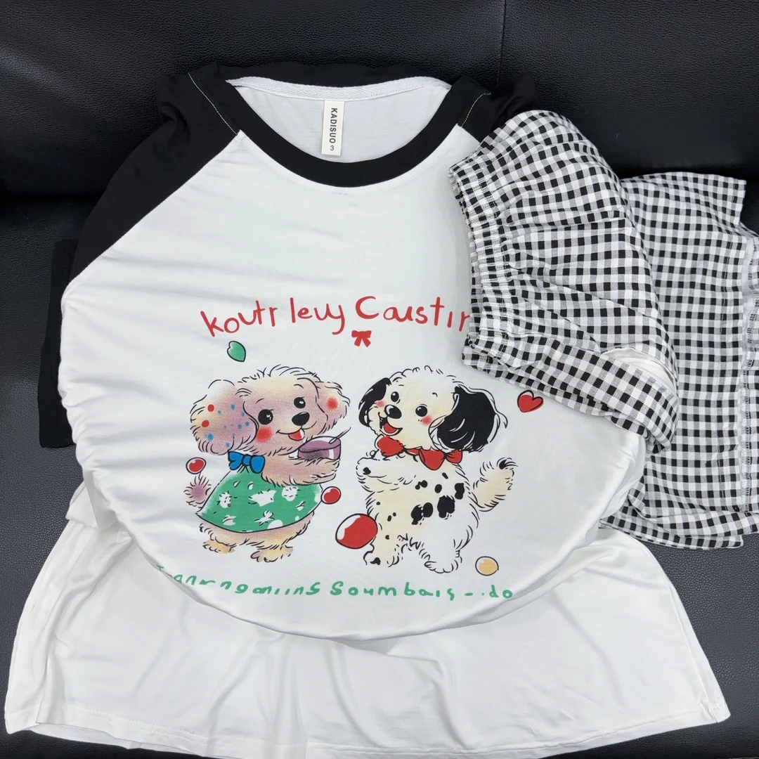 大码夏季睡衣女薄款带弹性莫代尔清凉透气圆领可爱印花带口袋睡衣