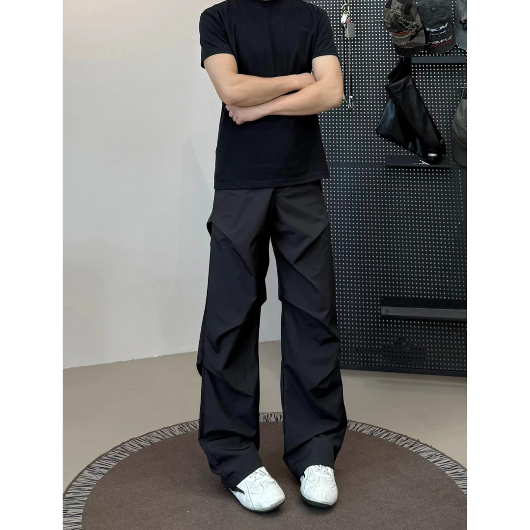 cleanfit美式小众褶皱伞兵裤男宽松休闲微喇高级感纯黑色西裤潮牌