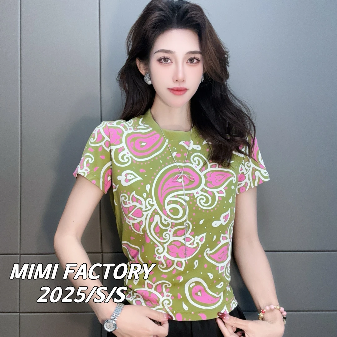2025夏季新款 欧货满印植物短袖T恤女修身显瘦时尚百搭5400#