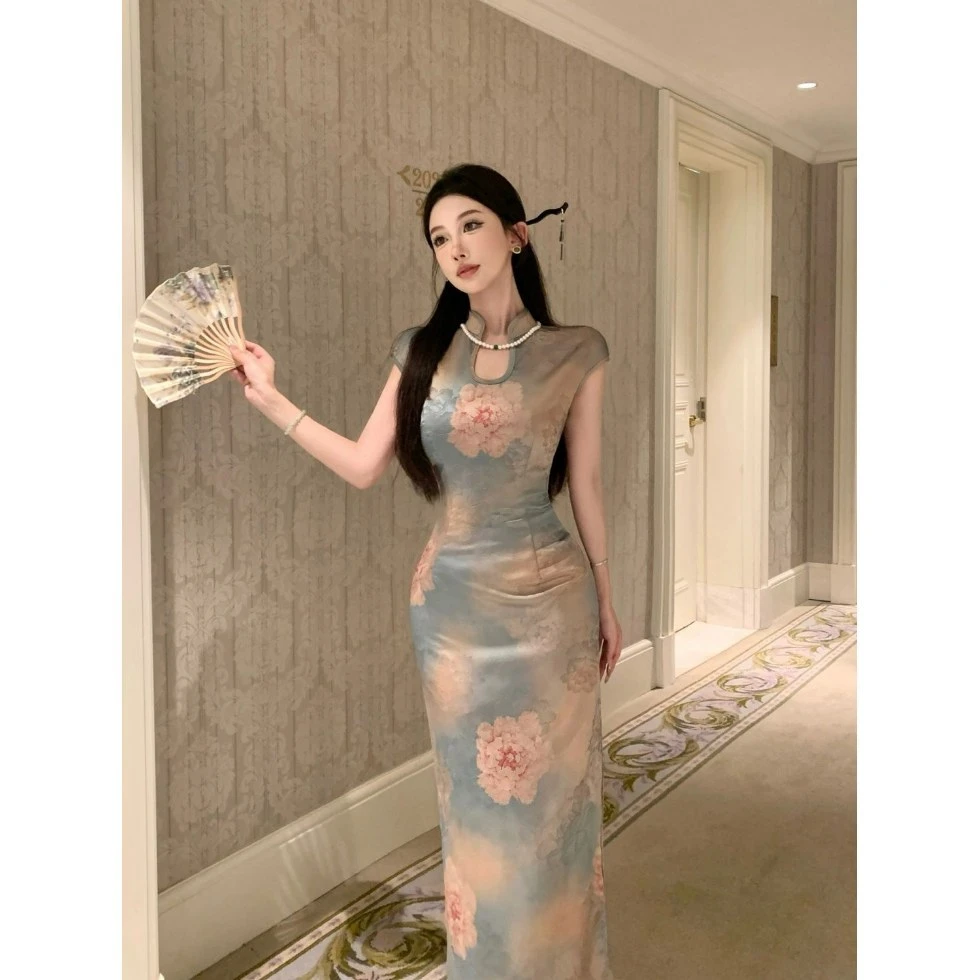 夏季2025新款自制新中式国风高级提花缎面水滴立领连衣裙 清妃笑