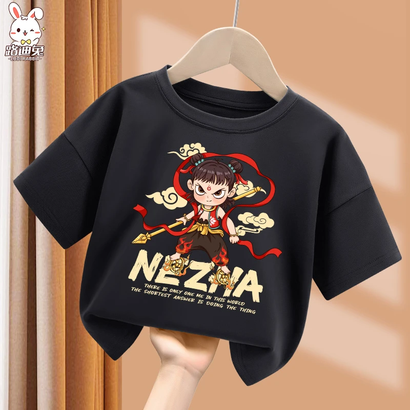 小哪吒图案儿童t恤版短袖男孩哪吒夏季100%纯棉衣服女童网红服装T