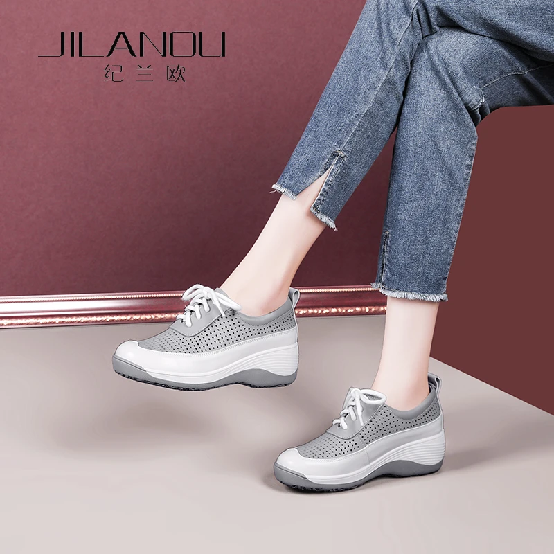 休闲镂空真皮单鞋女春夏2025新款中老年妈妈皮鞋厚底透气洞洞女鞋