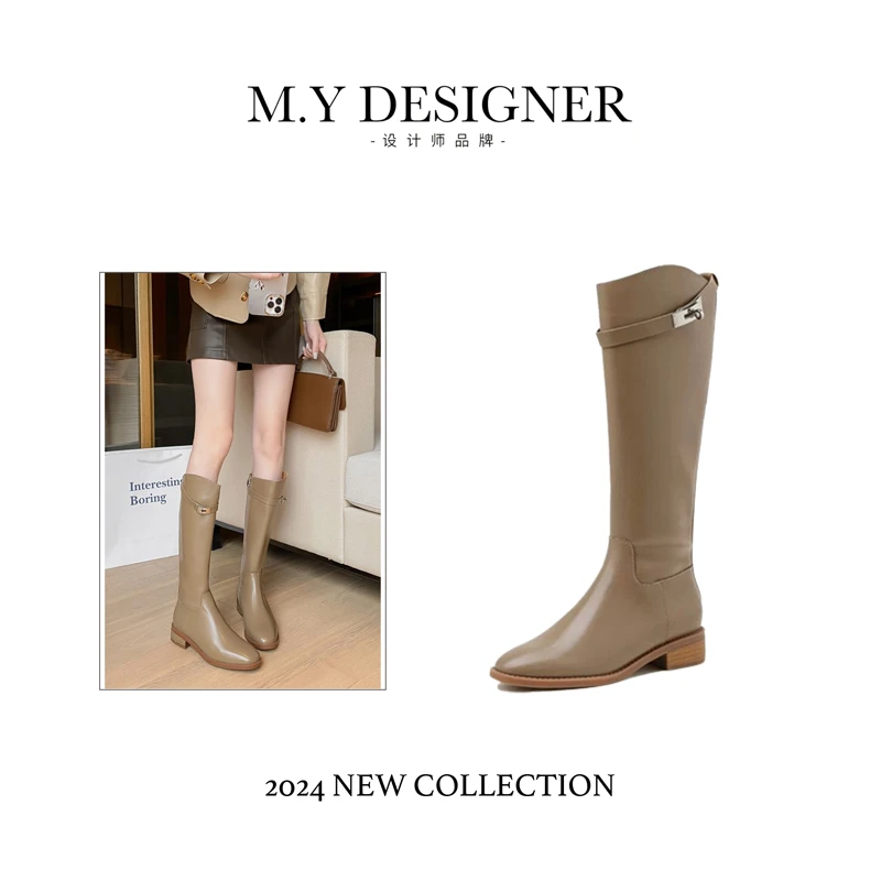 M.Y媛总 金属扣骑士靴不过膝长靴侧拉链高筒靴