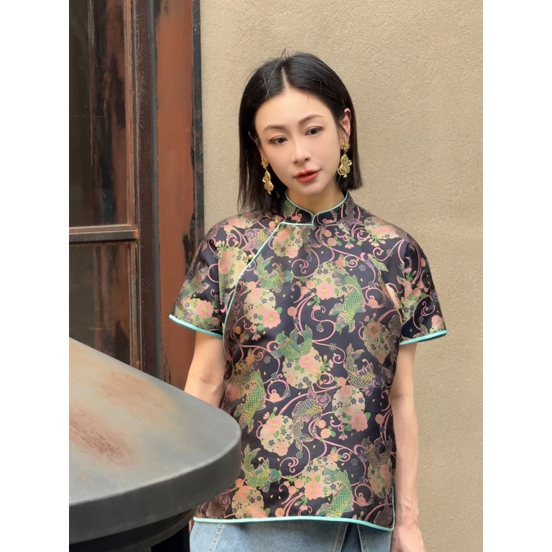 ZICOZYEE美满【欢沁花鱼】新中式复古优雅T夏季气质时尚印花中国风