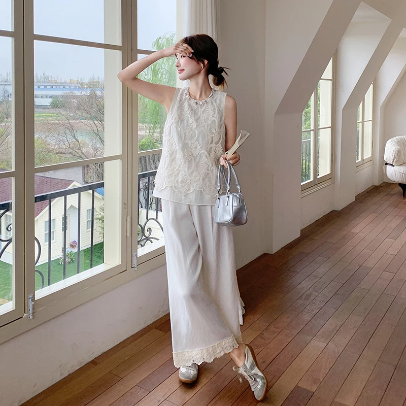 重工刺绣提花背心阔腿裤套装女2025夏季新款高级感气质穿搭两件套
