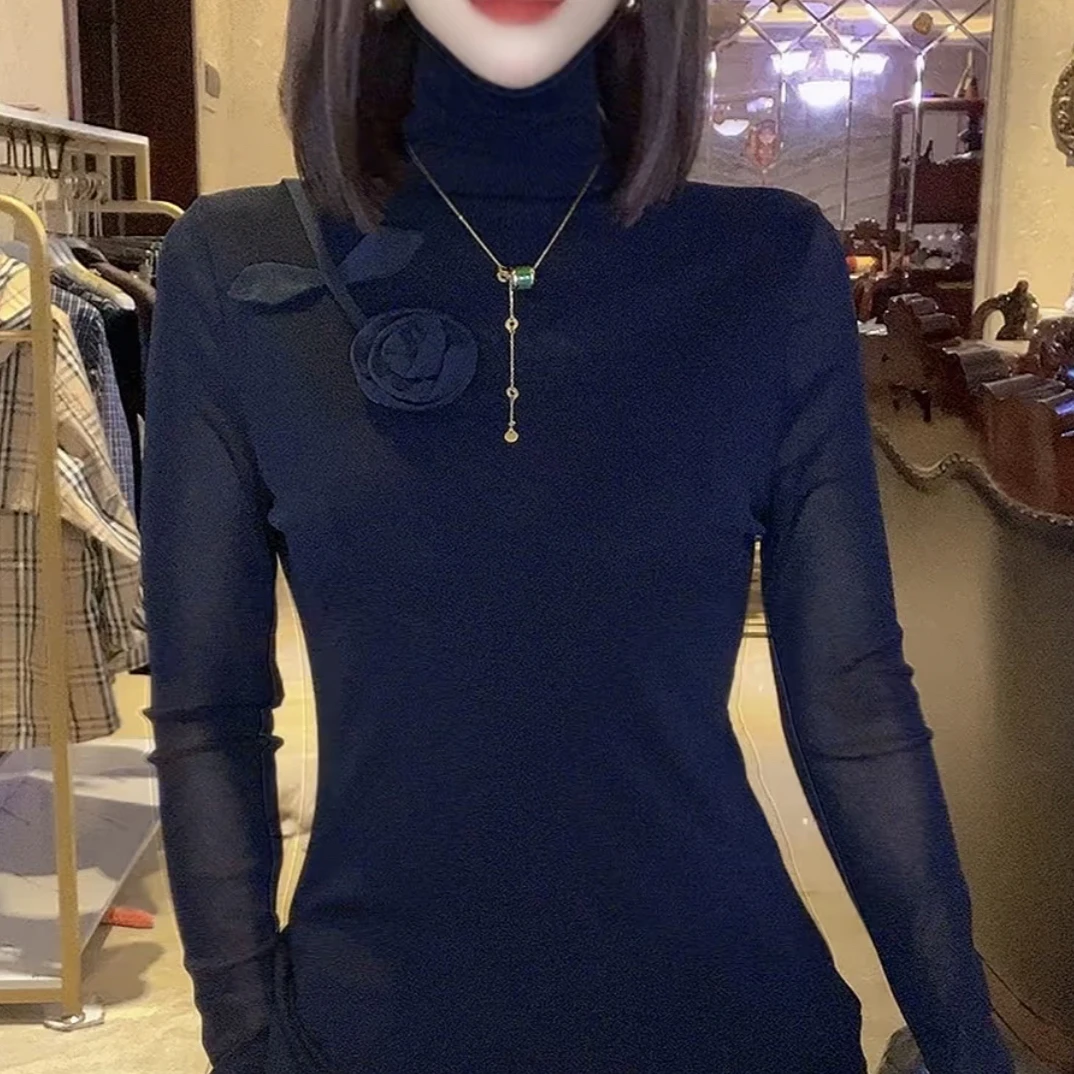 新中式国风高领网纱半透丝绒打底衫女2025年秋季复古内搭上衣潮女