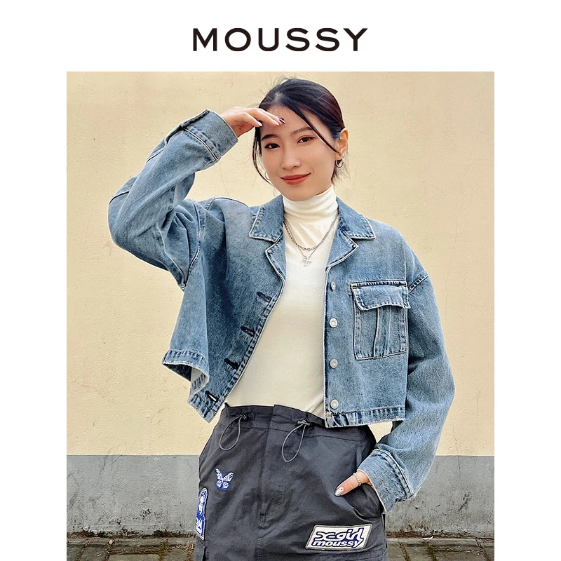 MOUSSY 新品日系休闲复古水洗翻领时尚短款牛仔外套028HS411-0010