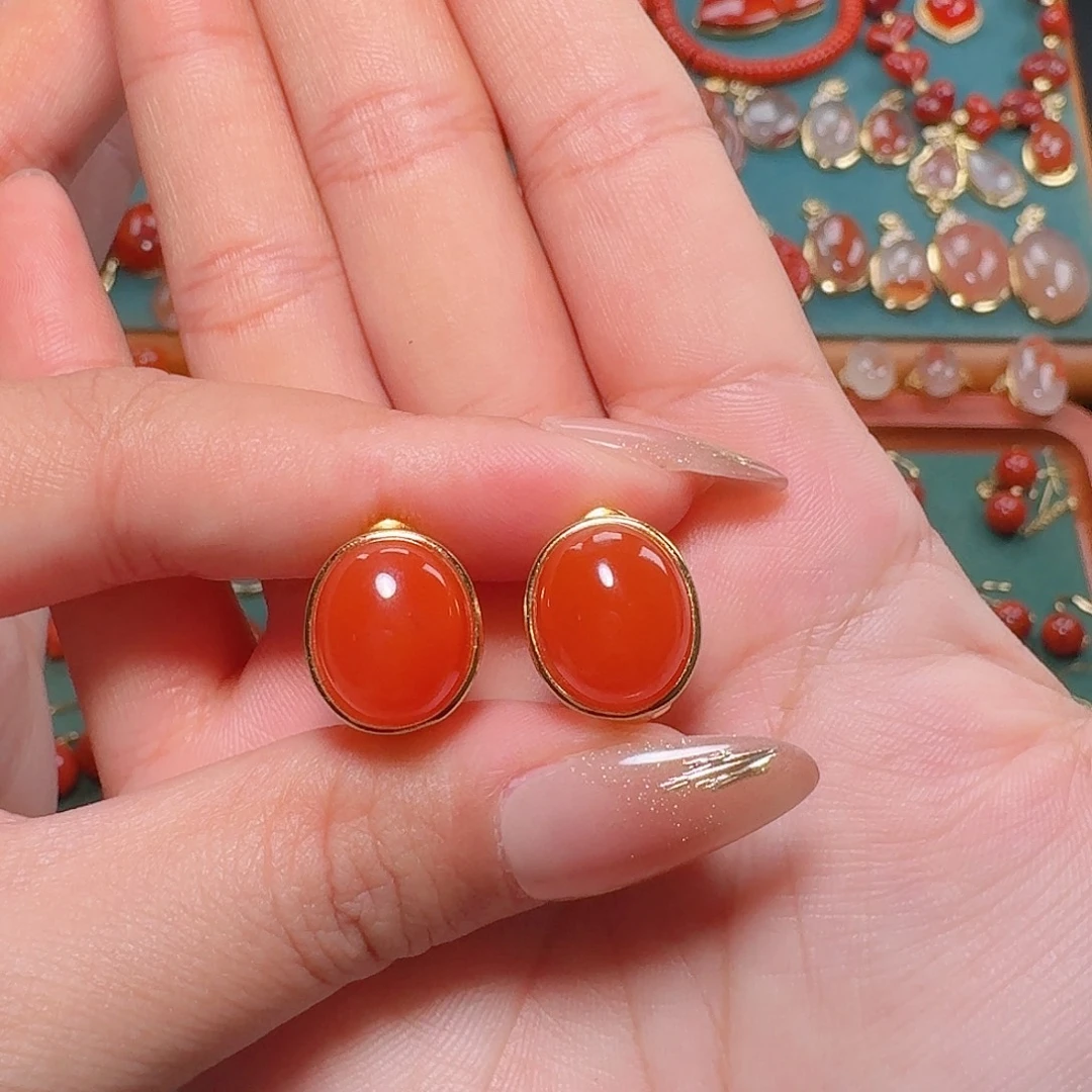 南红玛瑙银S925镶嵌耳饰