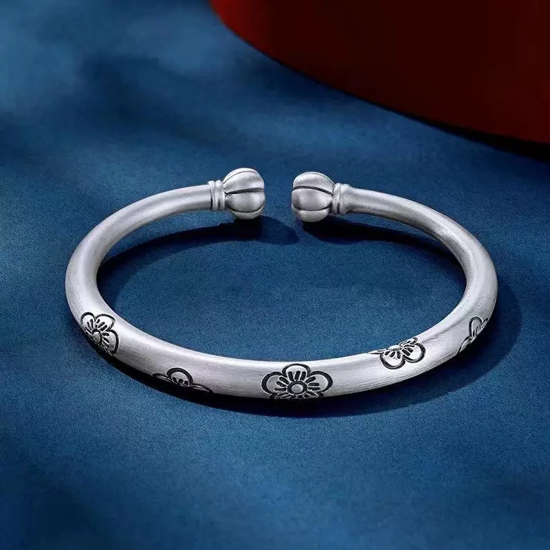 足银手镯 足银999 磨砂梅花南瓜对珠银手镯女银开口实心复古831