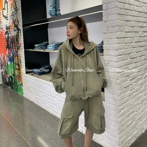 【VIP闭眼入】 重磅复古做旧褶皱运动休闲套装（卫衣+五分卫裤）