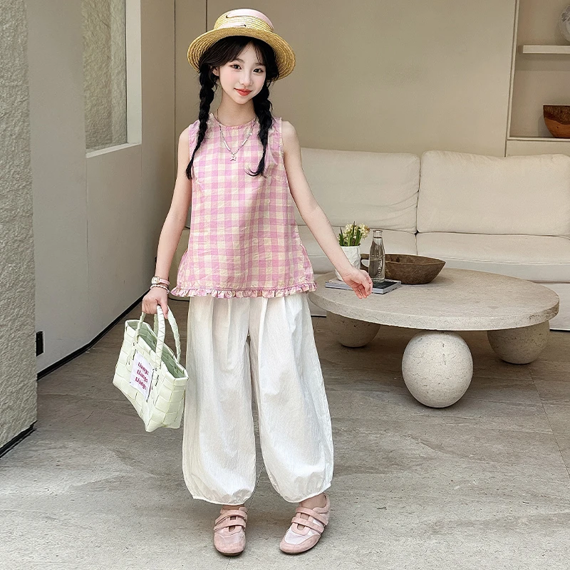 女童夏装格子无袖上衣套装2025新款夏季中大童休闲直筒裤两件套潮