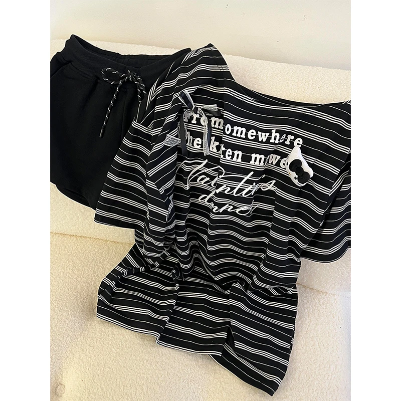 日系甜美休闲条纹字母睡衣女夏季新款短袖短裤可外穿家居服两件套