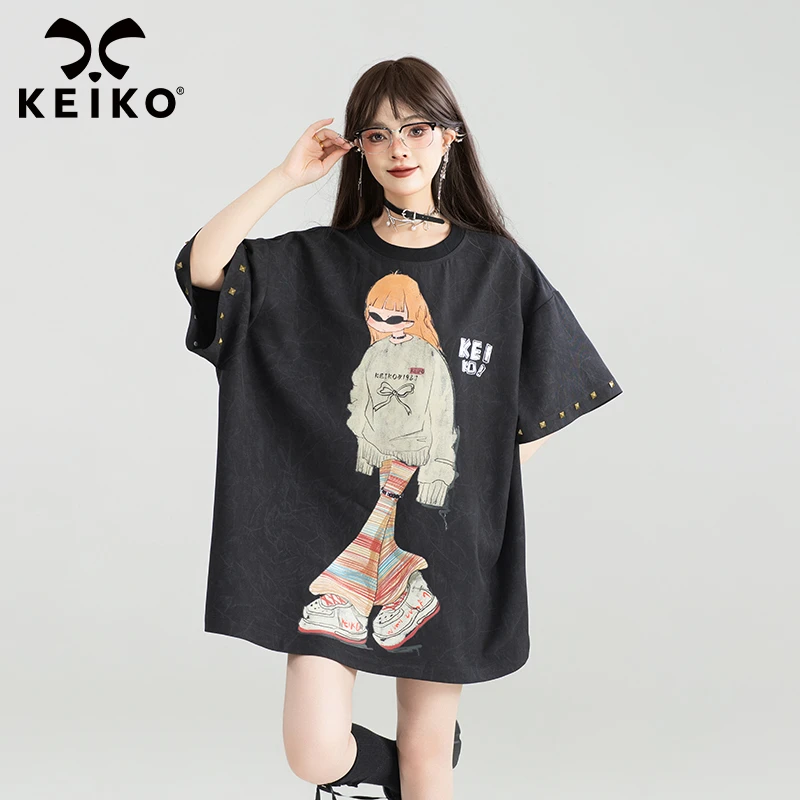 KEIKO 美式复古印花短袖t恤女中长款夏季y2k嘻哈铆钉饰宽松t恤裙