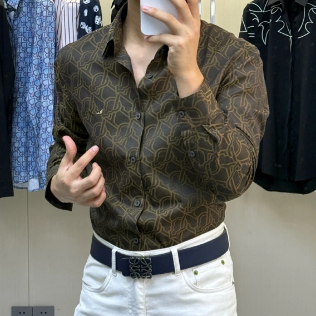 男士春秋新款长袖休闲透气薄款印花免烫商务衬衫