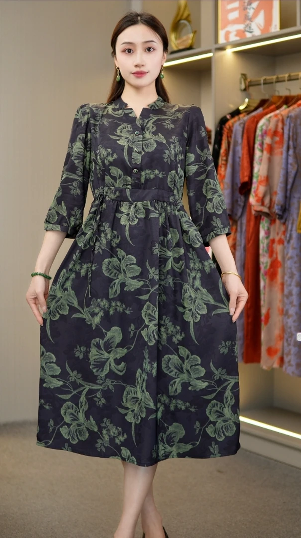 秋季新款妈妈装时尚长裙印花洋气【绿喇叭】FH