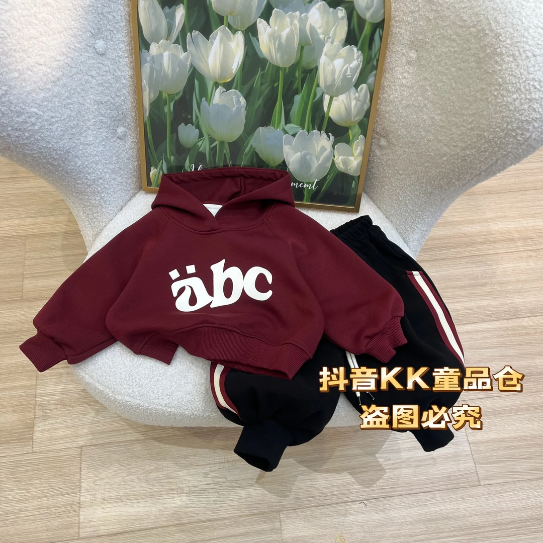 【春款不加绒】新款儿童abc卫衣+侧边条黑色小脚灯笼裤套装