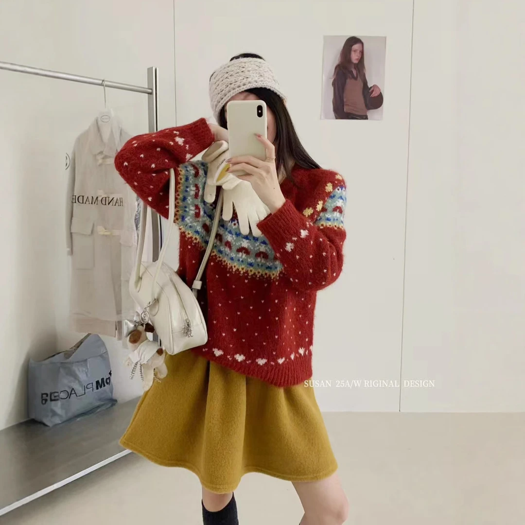 苏珊复古费尔岛提花红色毛衣女韩版秋冬新款宽松百搭上衣2091S