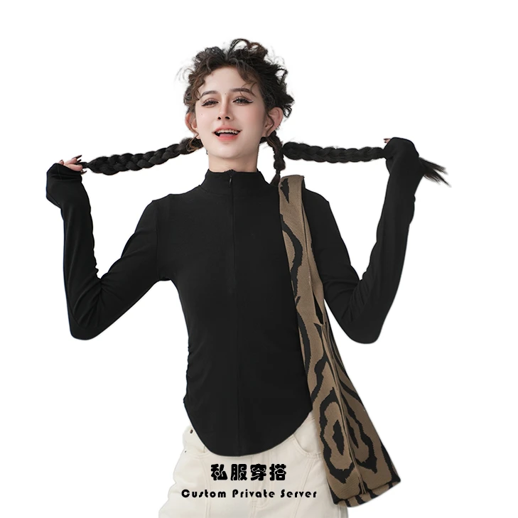 Moses Queen/魔西女王「简约穿搭」半高领复古拉链立领长袖打底衫