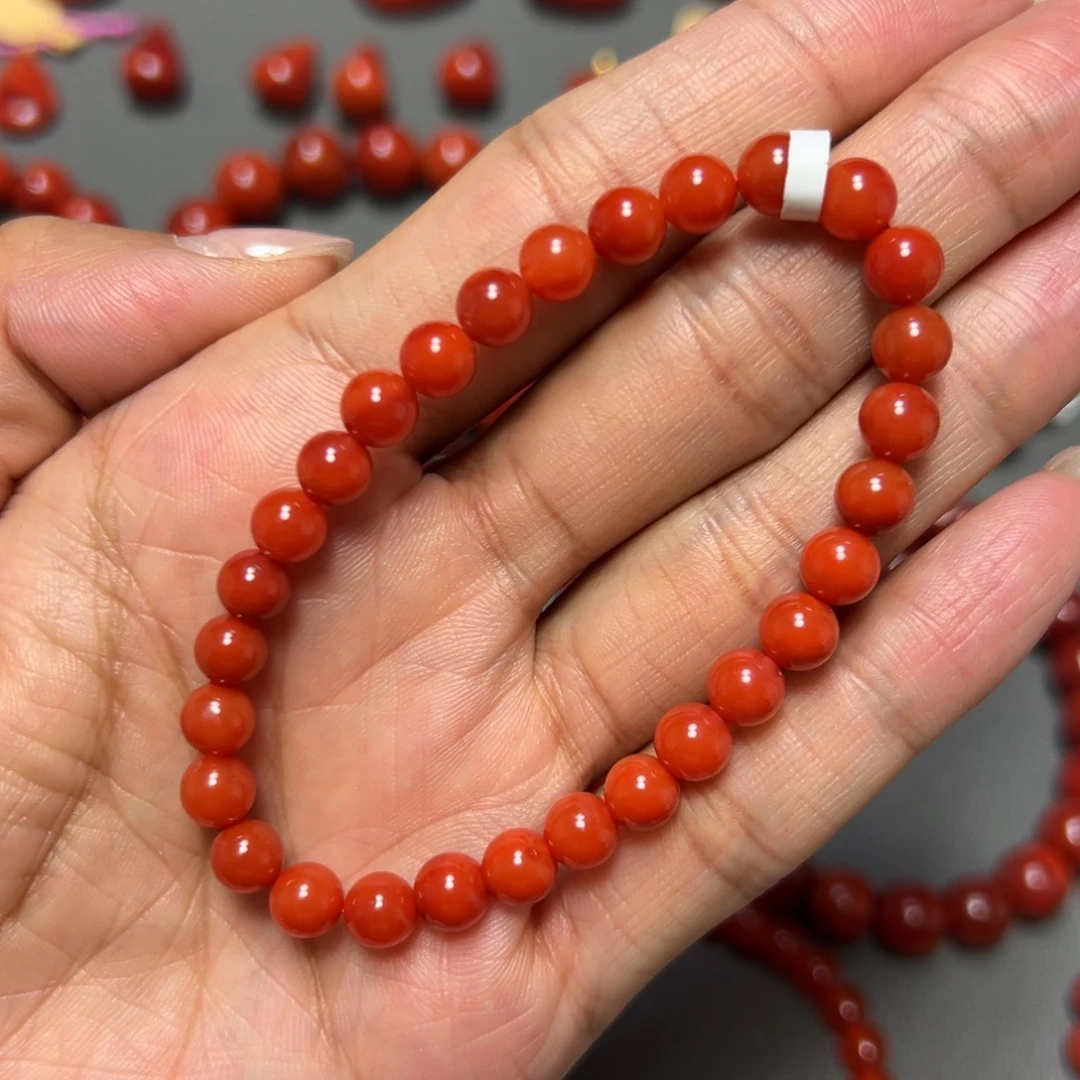 南红玛瑙未镶嵌手串 柿子锦高玉化 约6.3mm 匀润
