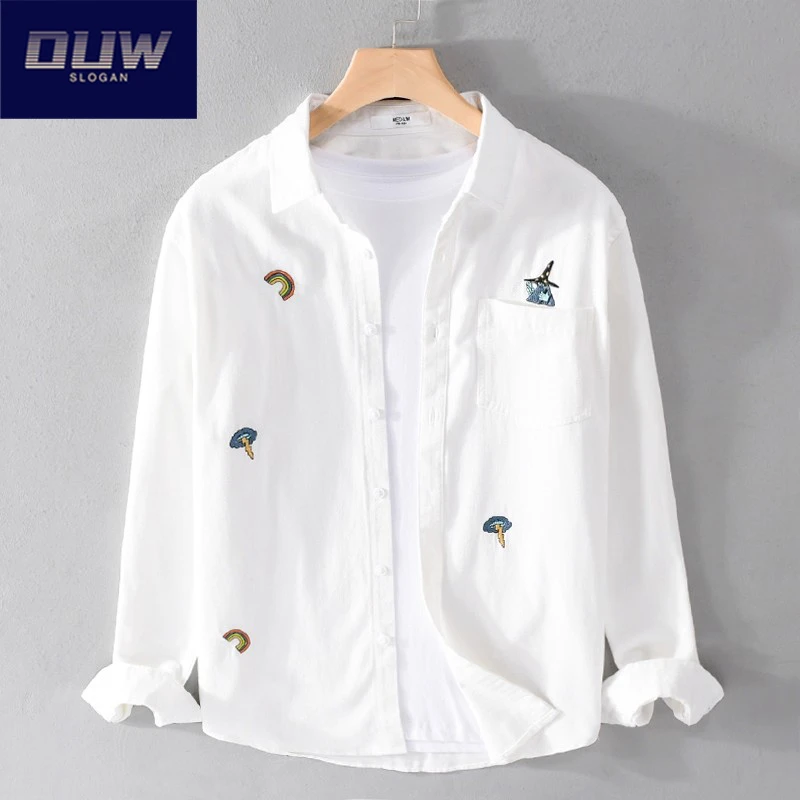O.U.W潮流中年男士纯棉休闲衬衫印花韩版2025秋季新款刺绣打底衫