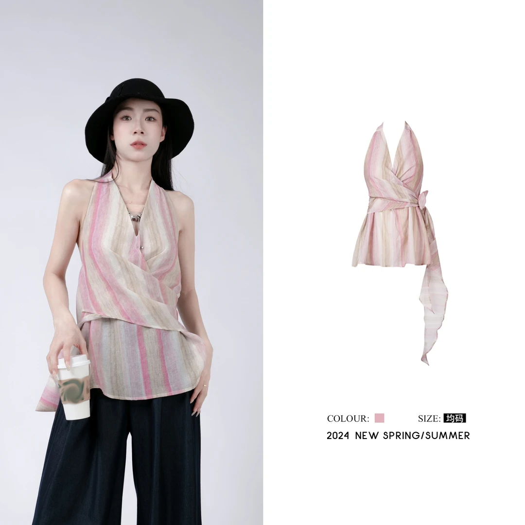 AMANLIN气质蓝色上衣女夏季法式v领设计感系带时尚百搭F592201