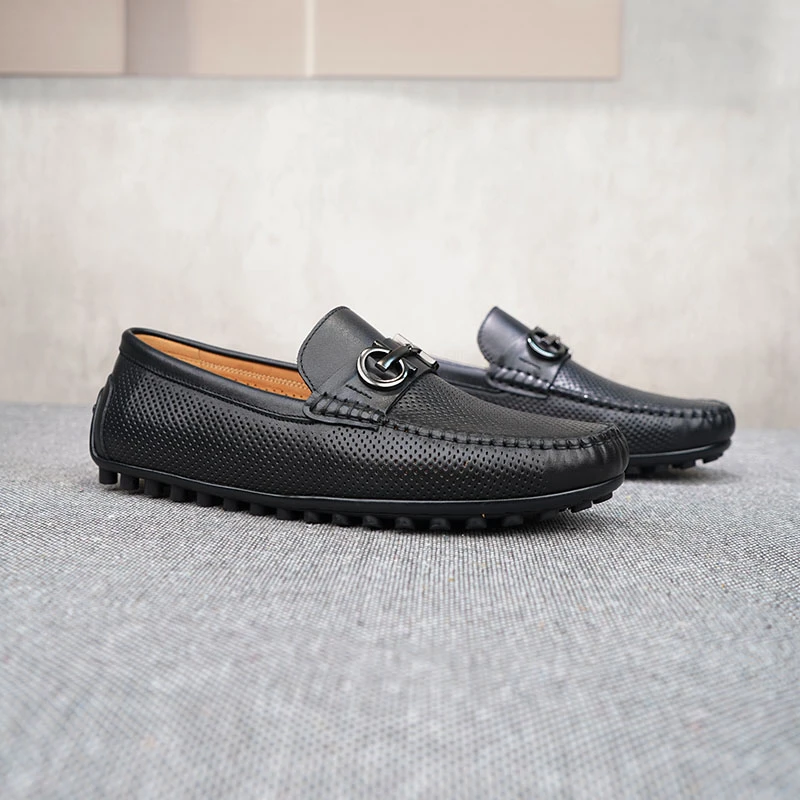 男士夏季头层牛皮冲孔透气舒适懒人鞋豆豆鞋