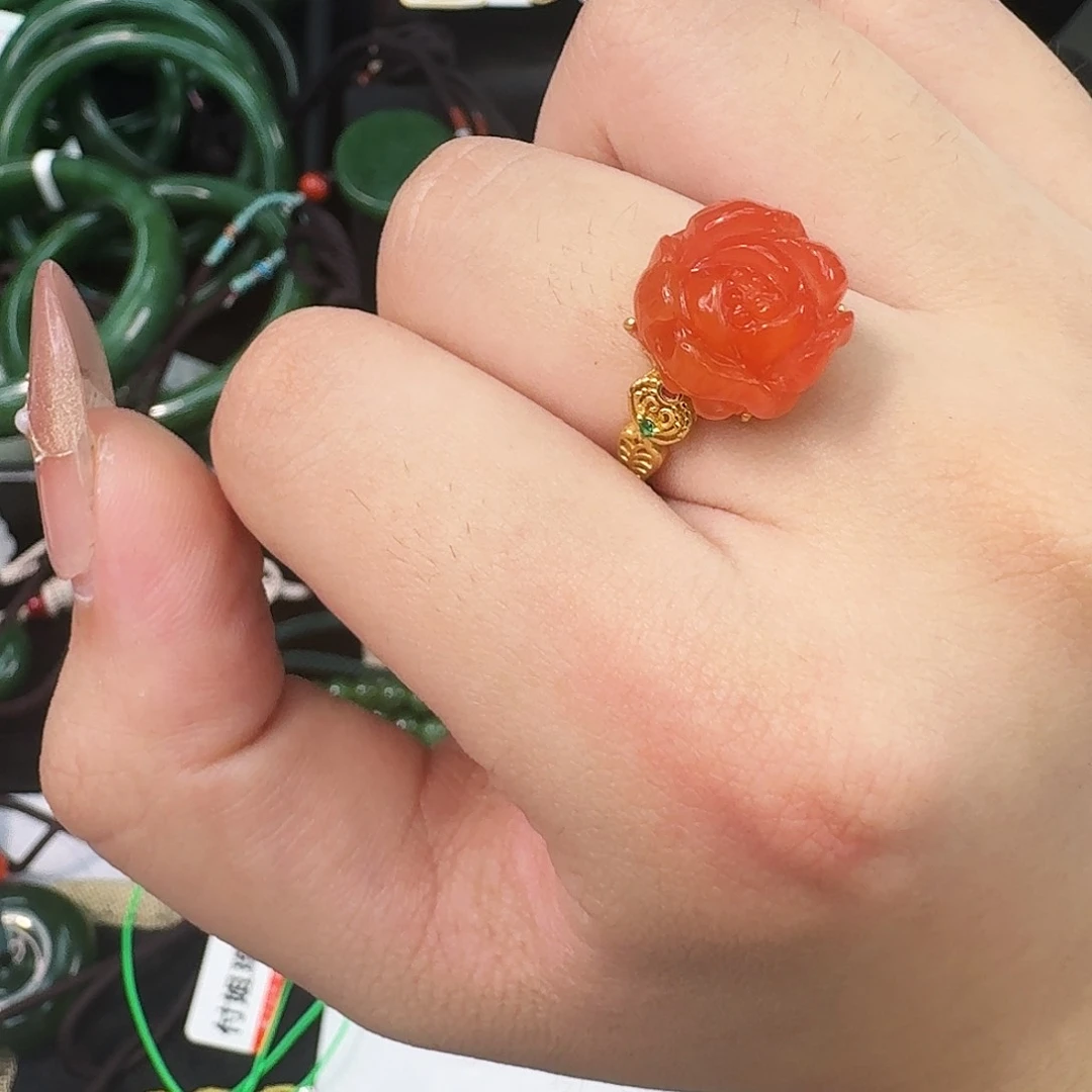 手链银S925镶嵌南红玛瑙牡丹花戒指