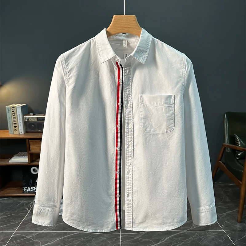早春潮流日系织带牛津纺长袖衬衫男时尚休闲青年文艺宽松百搭衬衣