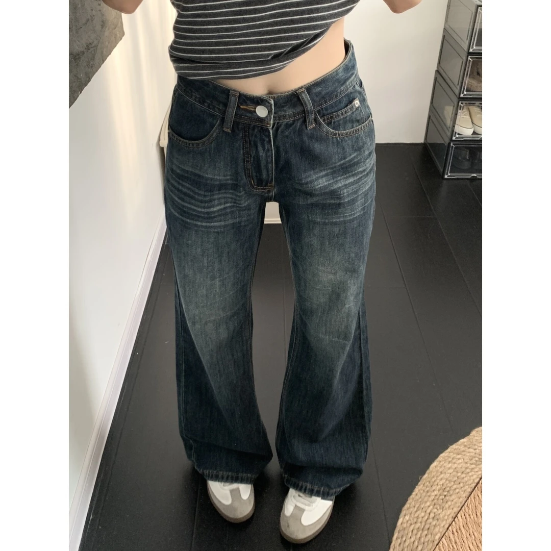 美式蓝灰色微喇牛仔裤女2025秋冬新款低腰显瘦垂感不贴腿喇叭裤子