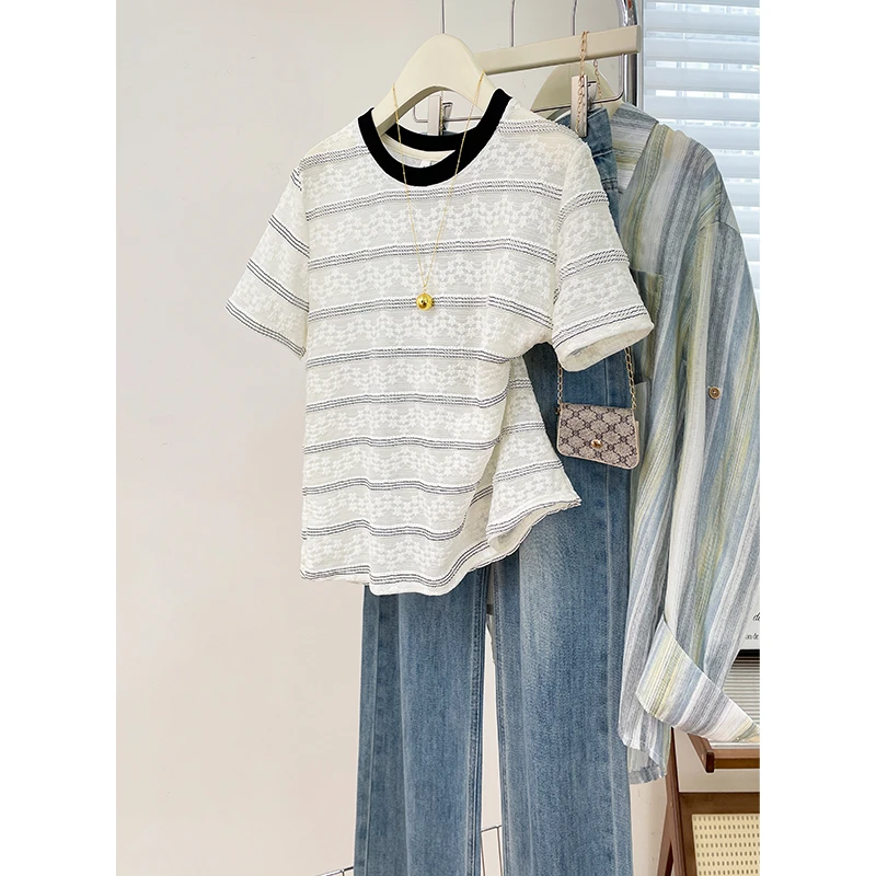 设计感提花条纹T恤衫韩系风洋气蕾丝百搭上衣服气质显瘦短袖女装