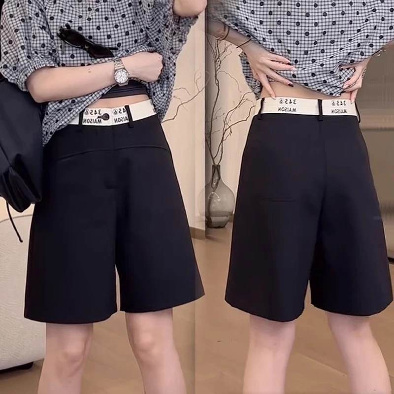 黑色西装五分裤女夏季薄款梨形身材大码弹力高腰显瘦休闲阔腿短裤