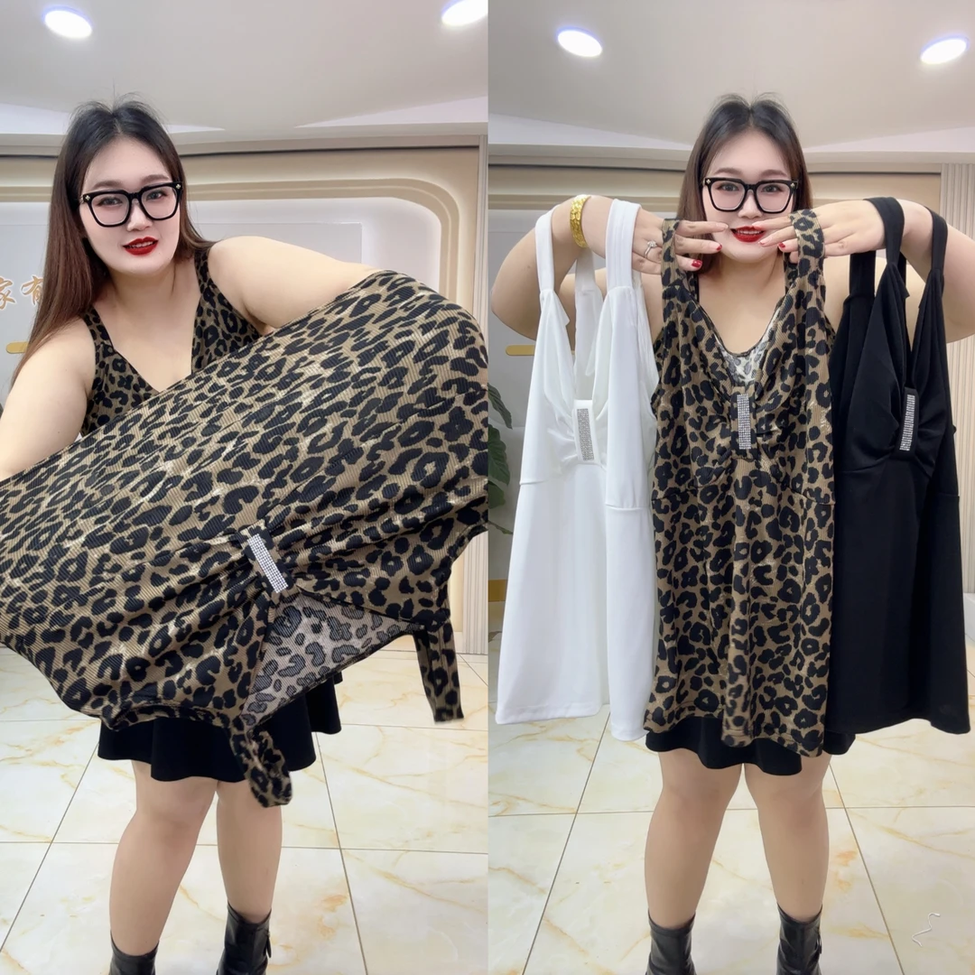 6617爆款气质烫钻性感豹纹V领露背内搭上衣