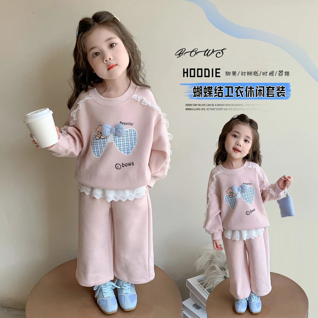 女童格子蝴蝶结花边套装洋气儿童春秋季新款女宝宝休闲两件套女孩