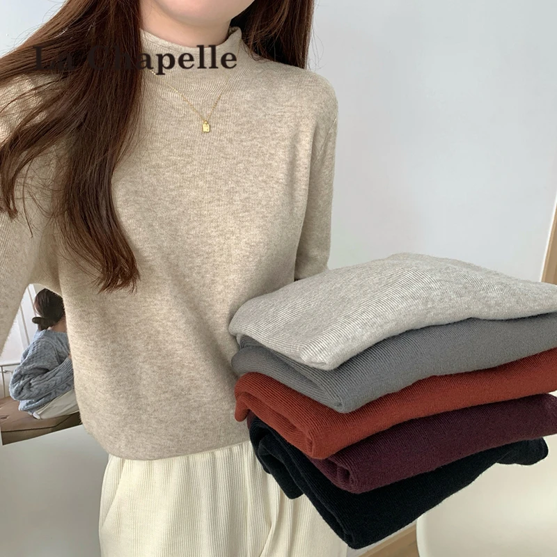 拉夏贝尔秋冬半高领针织打底衫女设计感毛衣内搭宽松百搭加厚上衣