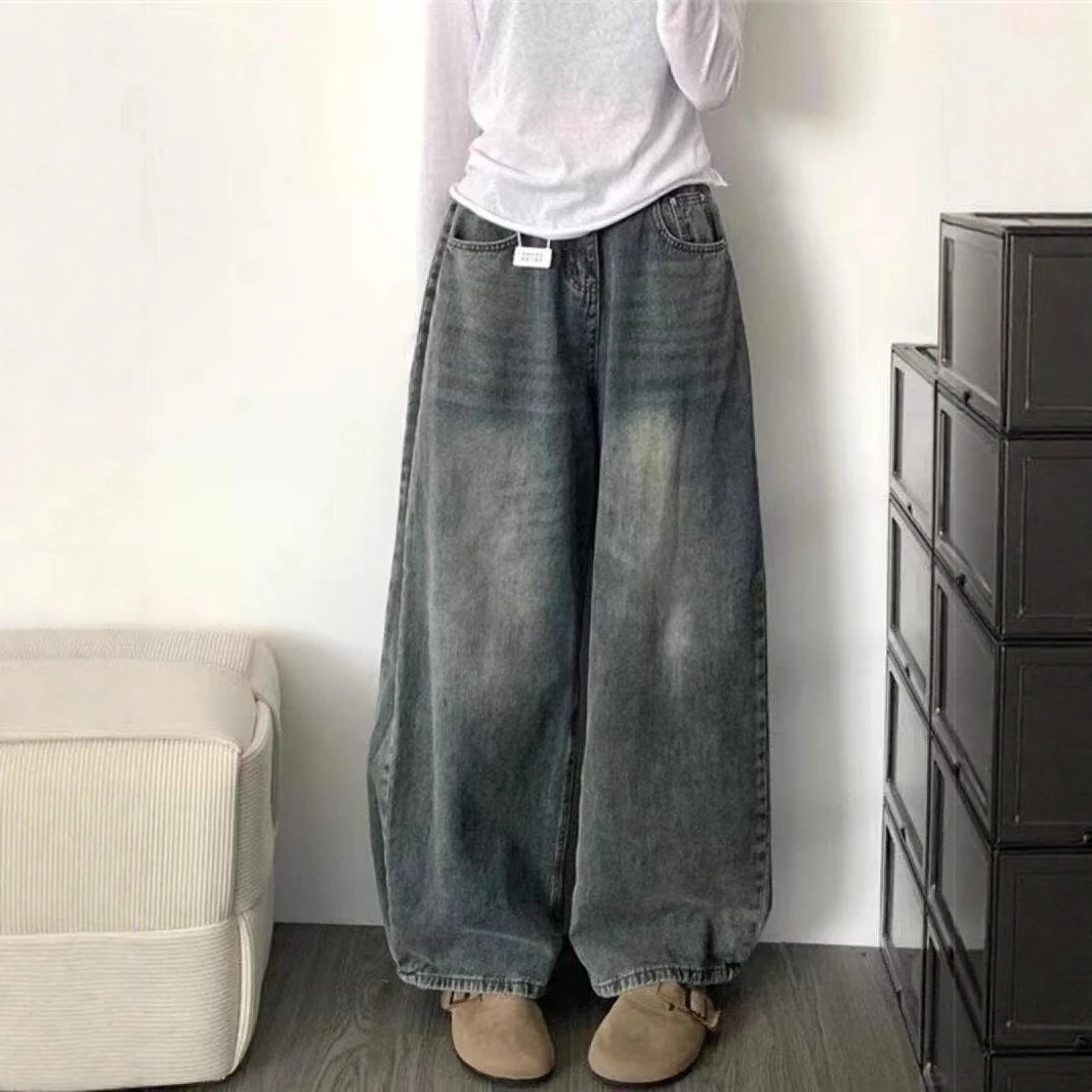 美式复古水洗做旧阔腿牛仔裤女秋冬新款高腰宽松显瘦设计感拖地裤