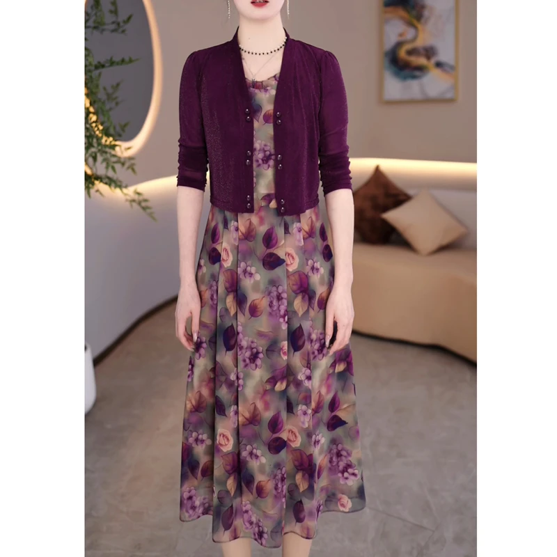 2025春季紫色碎花连衣裙柔软亲肤修身小衫外搭两件套显瘦百搭套装