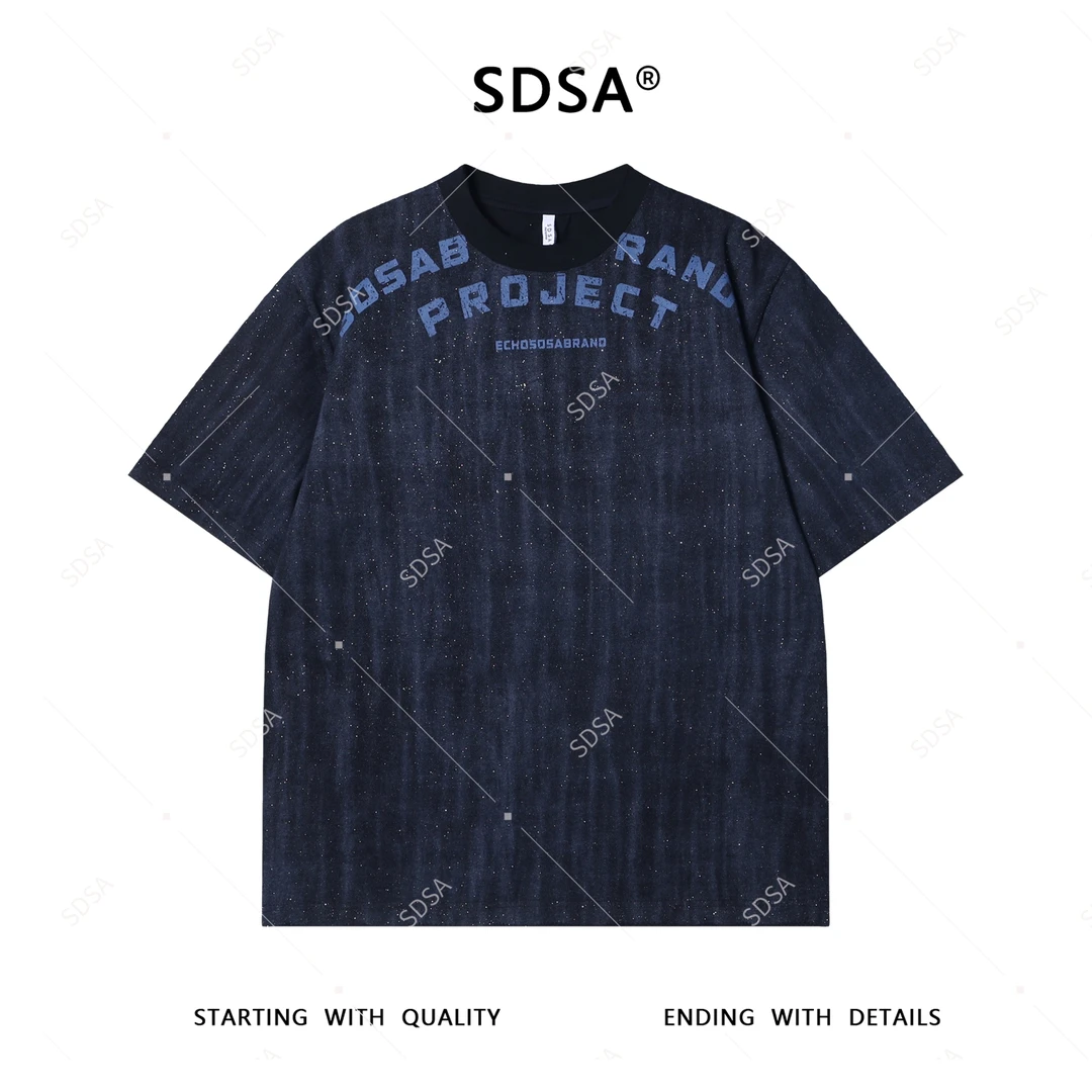 夏季高级感新款男士潮牌领口撞色印花字母短袖T恤满天星圆领上衣