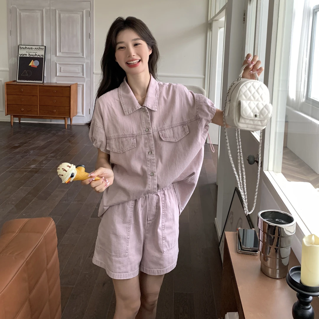 粉色薄款牛仔套装女小个子2024夏新款复古盐系短袖衬衫短裤两件套