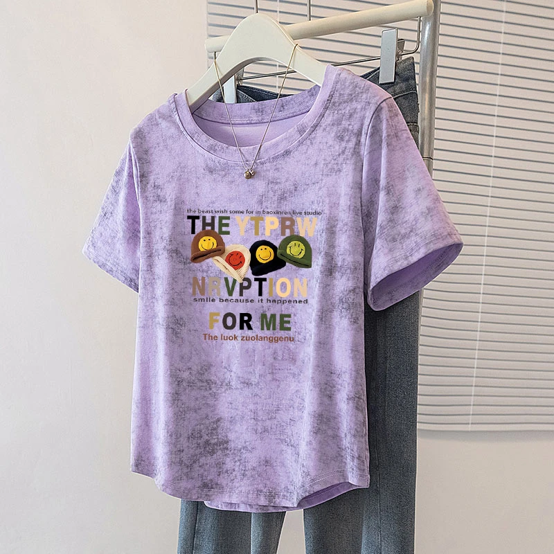 2025夏季薄款不规则印花扎染大码T恤纯棉圆领设计感短袖女士上衣